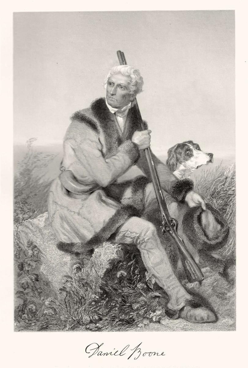 Daniel Boone seated on a rock. He is holding a rifle and petting his dog. He looks middle aged. 