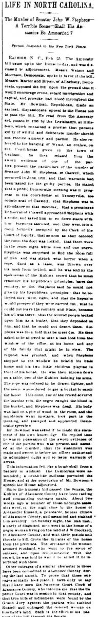 Newspaper clipping, Life in North Carolina -- The Murder of John W. Stephens -- A Terrible Scene -- Shall his Assassins be Amnestied?