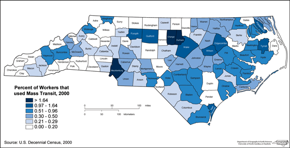 Took public transit to work by county, 2000