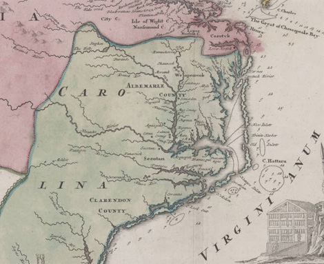 Homann, Johann Baptist. 1700s. "Virginia, Marylandia et Carolina: in America septentrionali Brittannorum industria excultae." North Carolina Collection, University of North Carolina Chapel Hill. Online in the NC Maps Collection.