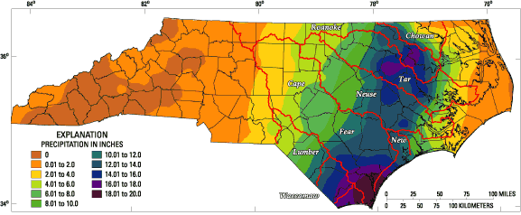 Rainfall during Hurricane Floyd. Dense rainfall on the coast.