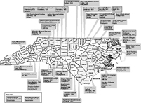 African American educational institutions founded between Emancipation and 1910. Map by Mark Anderson Moore, courtesy North Carolina Office of Archives and History, Raleigh. (Click to view map.)