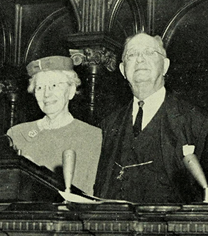 Gurney Pope Hood, right, with his wife Marion Lee Stevens Hood. "Pictured above are those particiapting in the presentation of citation to Mr. Gurney P. Hood...." Photograph. Journal of the North Carolina Annual Conference of the Methodist Church. [North Carolina: The Conference?]. 1961. 242