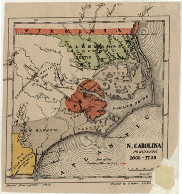 Map, "N. Carolina Precincts 1663-1729," by George Shroeter and Francis L. Hawks. Publihed by E. J. Hale & Son, Fayetteville, North Carolina, circa 1858.  From the North Carolina Collection, University of North Carolina.  Presented by North Carolina Maps. Robert Mellyne is associated with Bath County and is believed to have owned property near the Pamlico River. 